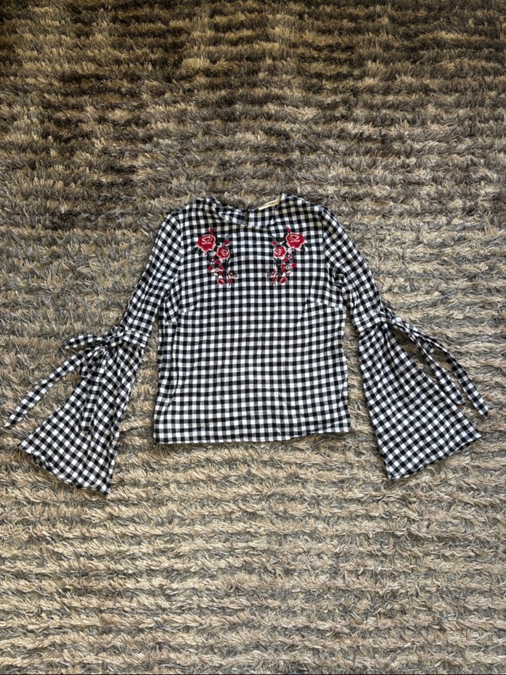 Chloe & Katie Black and White Gingham Bell Sleeve Top with Red Floral Embroidery